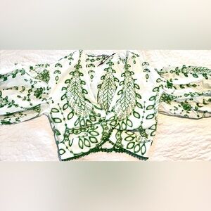 Zara White and Green Embroidered Blouse